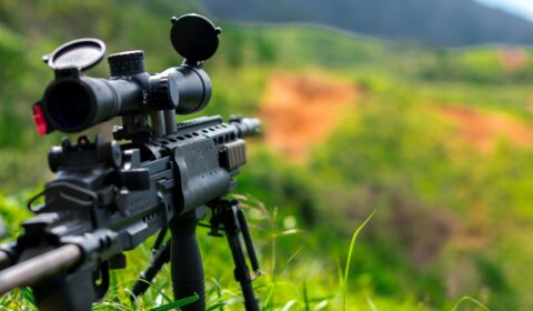 Bolt action target rifle set up on a shooting range bench