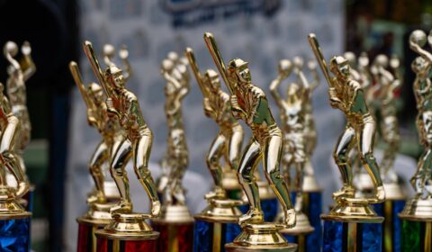 Row of trophies won at competitive shooting matches